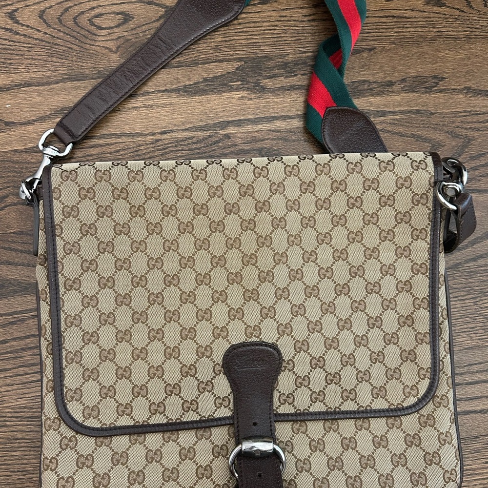 Gucci Brown and Tan Messenger Bag with Iconic GG Monogram
